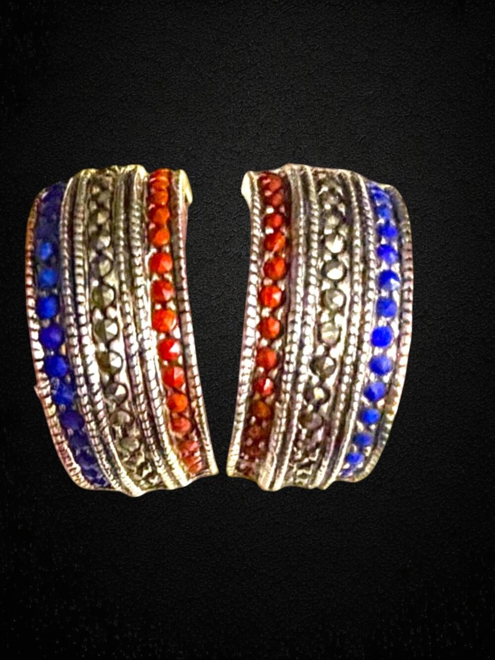 Vintage Sterling Silver 925 Half Hoop Earrings Blue Red Stone Marcasite HAN